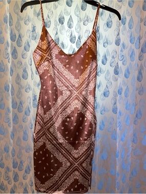 Satin Bandana Print Slit Dress — Brown with white Pattern